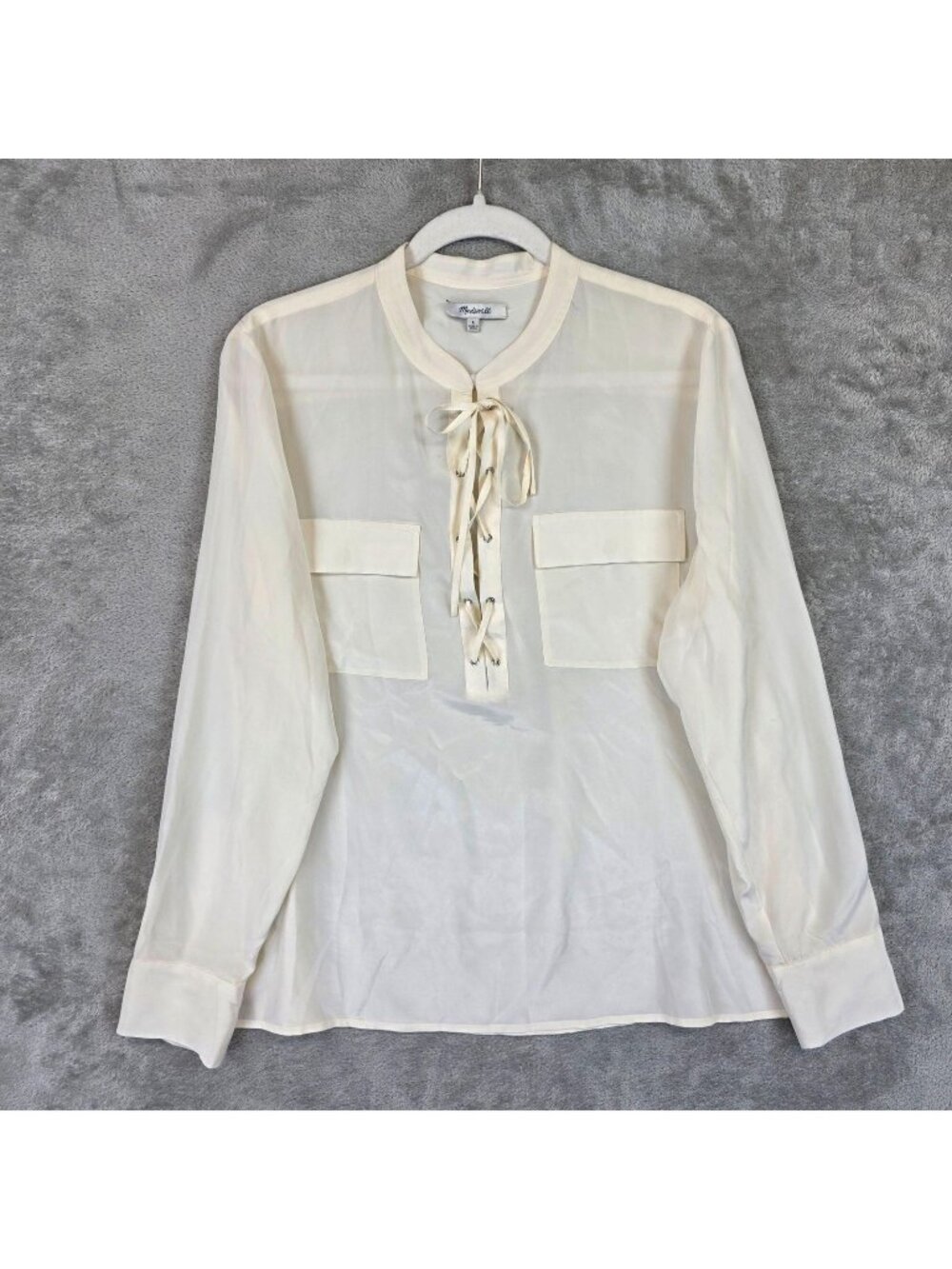 Madewell Blouse Womens L Cream V Neck Long Sleeve Silk Lace Up Sheer Pockets